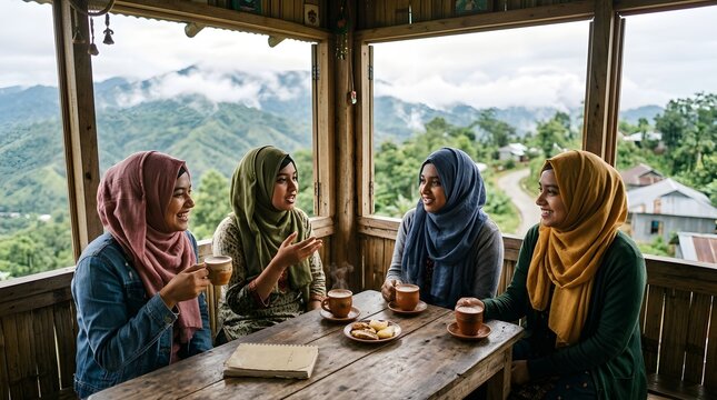 Four women in hijabs share tea and conversation overlooking a mountainous landscape hijab muslimah beverage
