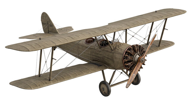 Vintage biplane with wooden propeller, antique military aircraft model, retro canvas wing airplane with radial engine and landing gear isolated PNG with Transparent Background