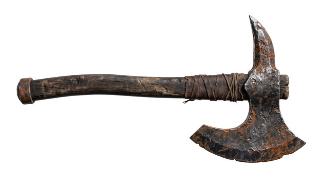 Ancient rusty battle axe with weathered wooden handle, medieval viking war hatchet, antique iron tomahawk weapon for historical reenactment isolated PNG with Transparent Background