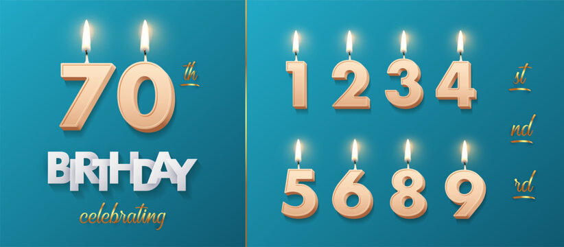 Birthday anniversary number cake candles. Birthday golden beige candles set with number 70 isolated on blue for party invitation, greeting card, poster, congratulation. Luxury vector background.
