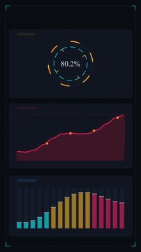 Pixelated data visualization with circular gauge, line graph, and bar chart for business analytics