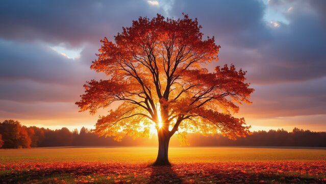 Majestic Autumn Tree Silhouette at Sunset: Golden Light Pierces Through Vibrant Fall Foliage in Rural Landscape.