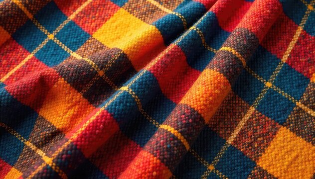 Vibrant African-inspired plaid fabric in bold colors and patterns, perfect for fashion, home decor, and textile design  Close-up texture shot shows intricate weave ,  style,  african textile, plaid