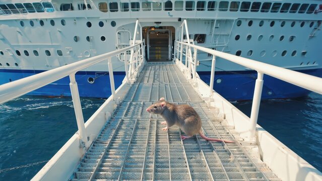 Bold Rat on Ship Gangway: Urban Wildlife, Pest Control, Nautical Scene, Unexpected Encounter, Coastal Environment