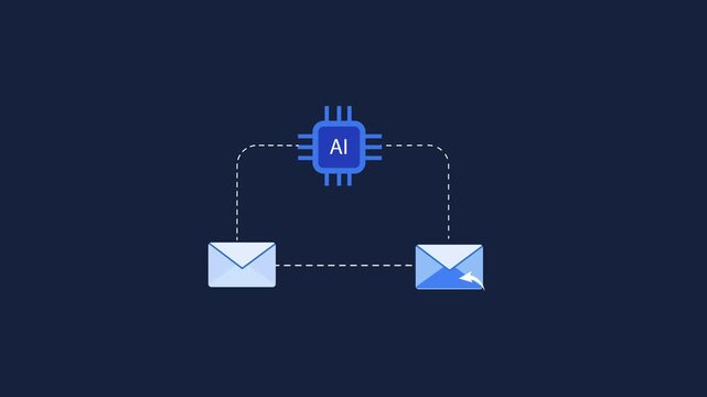 Motion graphic of AI chip processing and optimizing emails between envelopes on dark blue background, showing intelligent email network.
