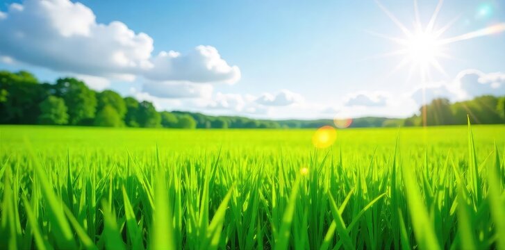 Vibrant green field bathed in bright sunlight, a perfect summer day scene Ideal for nature, ecology, or environmental themes Enjoy the crisp, clear image , summer, vegetation