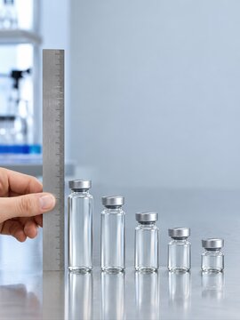 Laboratory analyst measuring glass sample vials with a metal ruler