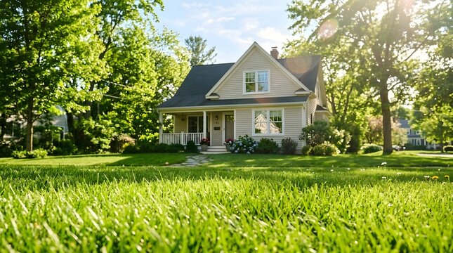 Beautiful cozy suburban house sits peacefully surrounded by flourishing green trees and lovely vibrant springtime grass on a warm sunny afternoon