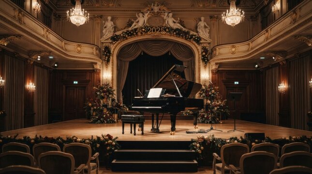 Grand Piano on Concert Stage: A magnificent grand piano sits center stage in an opulent concert hall, adorned with floral arrangements, under the glow of elegant chandeliers.