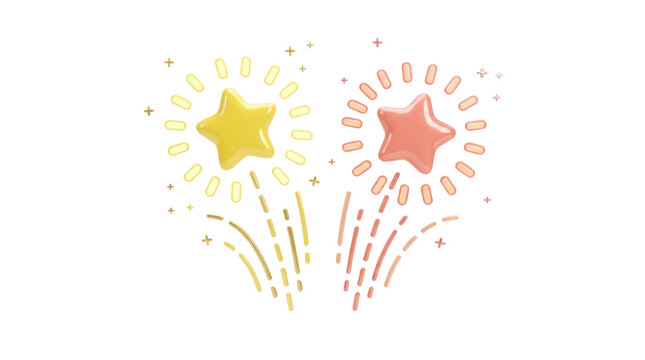 3d illustration of two colorful starshaped fireworks isolated on transparent background