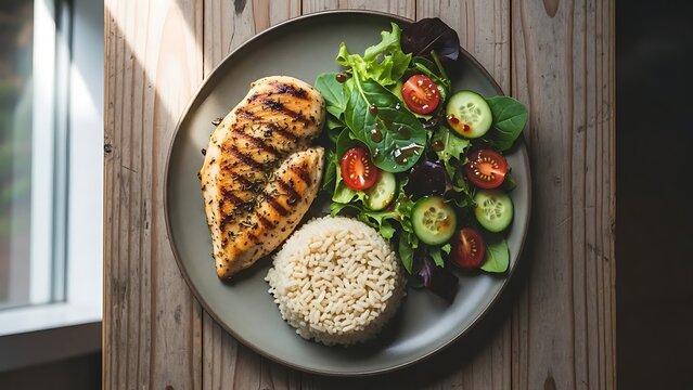 Raw Chicken Breast with Fresh Grilled Vegetables on Rustic Wooden Table, Healthy Gourmet Meal for Lunch or Dinner