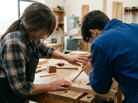 Senior female carpenter teaching a young adult man how to use a wood chisel for woodworking in a bright professional workshop