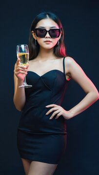Stylish Asian Woman in Little Black Dress Holds Champagne, Confident Glamour Portrait for Fashion and Lifestyle Use.