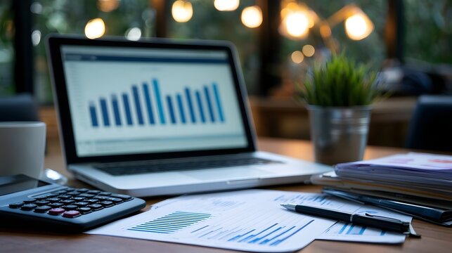 A laptop displaying a bar chart sits on a wooden desk alongside printed financial reports  a calculator  and a potted plant