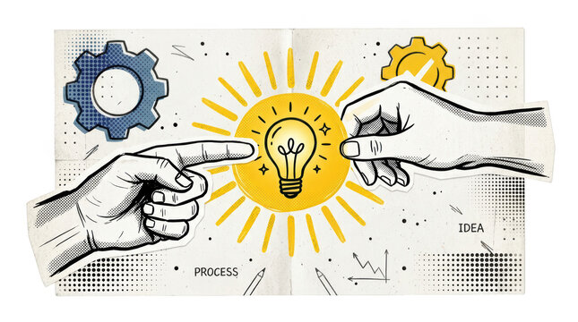 Conceptual illustration of hands connecting a process to a creative idea isolated on transparent background