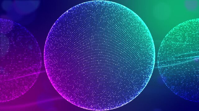 Luminous wireframe orbs float multicolor environment. premium motion background blockchain, global networks, machine learning, digital transformation, virtual reality music visuals futuristic branding