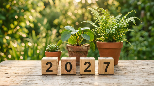 Wooden blocks with the year 2027 and potted plants on wooden table