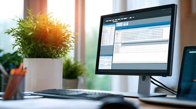 Modern office workspace with computer monitor displaying software interface  keyboard  potted plant  and natural light from window