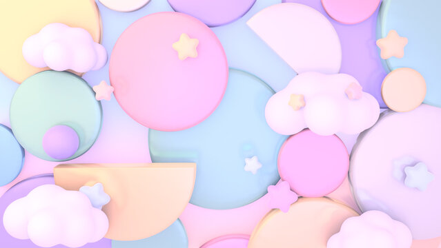 3D render of pastel geometric shapes with clouds and stars.