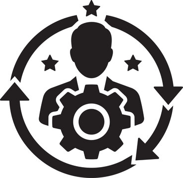 Black icon of a person with a gear and stars inside a circular arrow symbol representing management process isolated on transparent background, Vector