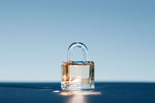 Transparent Glass Padlock on Blue Surface Against Clear Sky as Security Concept