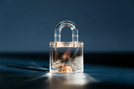 Transparent Glass Padlock on Blue Surface Against Clear Sky as Security Concept