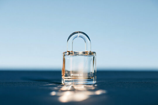 Transparent Glass Padlock on Blue Surface Against Clear Sky as Security Concept