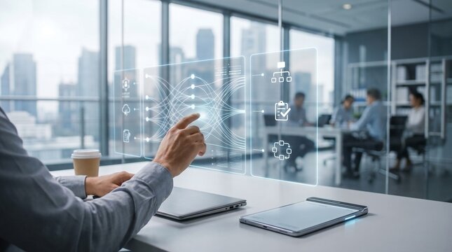 Professional businessman using an artificial intelligence procurement and supply chain management system with holographic touch screens in a corporate office   