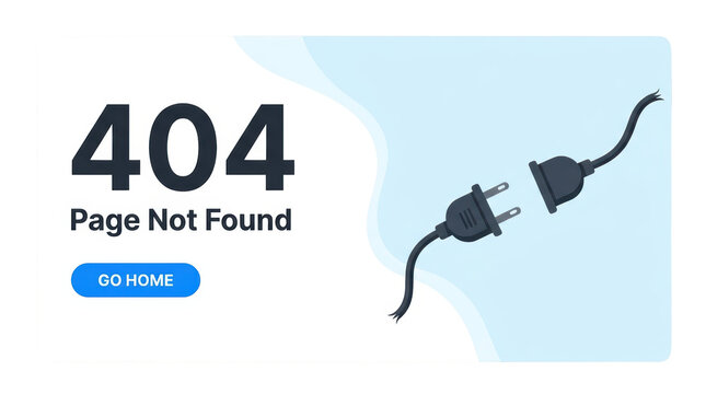 404 page not found error illustration with unplugged power cord isolated on transparent background