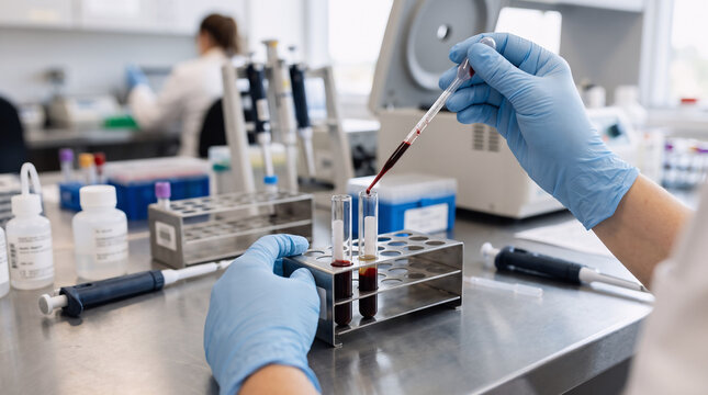 premium transfusion medicine photo, macro close-up of gloved laboratory hands preparing a blood compatibility crossmatch using two small unmarked sample tubes, precise clinical workflow
