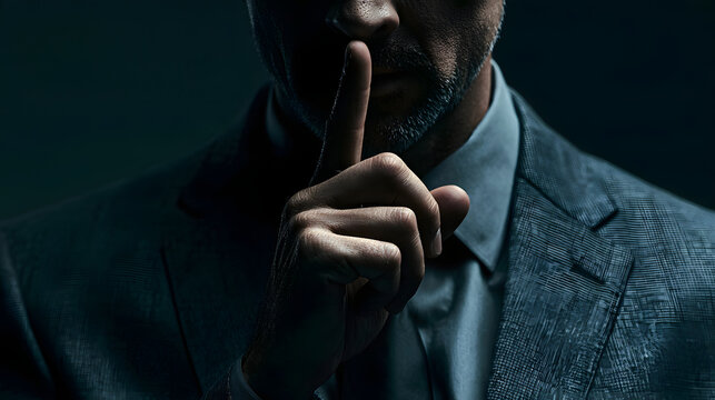 A mature business man in a stylish suit makes a silent gesture with his finger over his mouth in a dark moody studio background offering mystery and confidentiality for corporate design concepts today