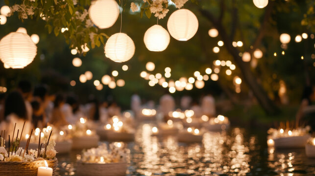 Asian festival Yi Peng lanterns floating on water at night, background