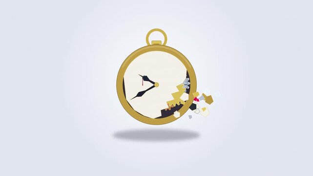 Pixelated pocket watch breaking apart with floating fragments, representing time decay, loss, and breakdown