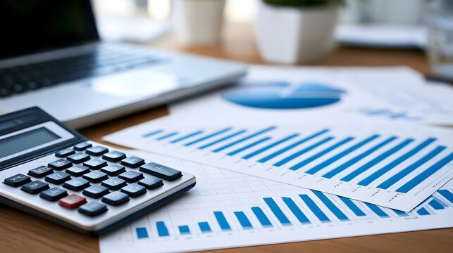 Business analytics setup with calculator  printed charts  and laptop on a wooden desk in a modern office environment