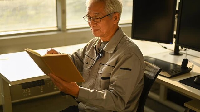 Holding bound book senior Asian man in gray jacket and glasses flipping pages at desk, reflecting