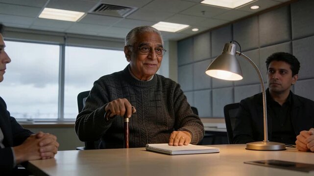 Placing pad upright Indian man dark-sweater moving it flat on meeting table showing notes with cane