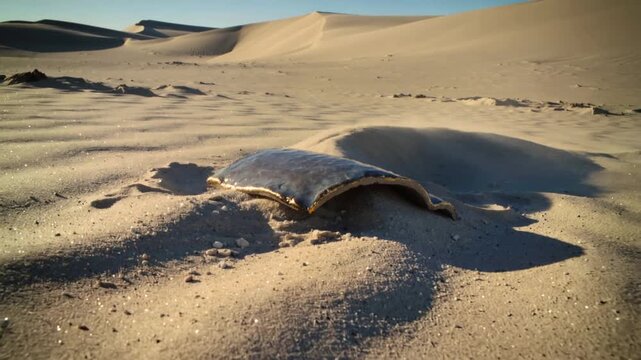 Starting low camera pan revealing horseshoe crab carapace on rippled sand, showing dunes