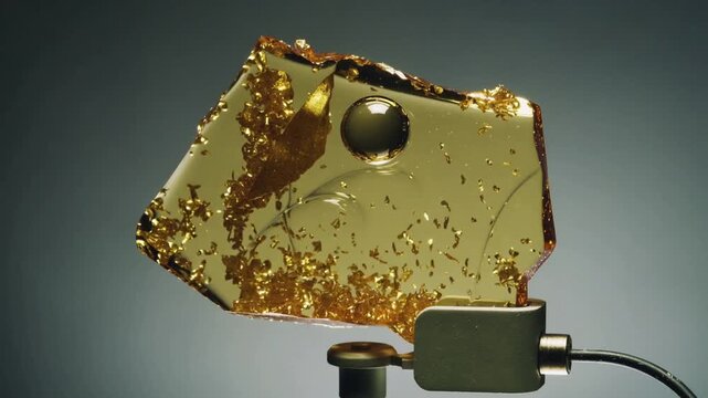 Pivoting stand rotating clear amber resin slab with central bubble in studio, showing gold flakes