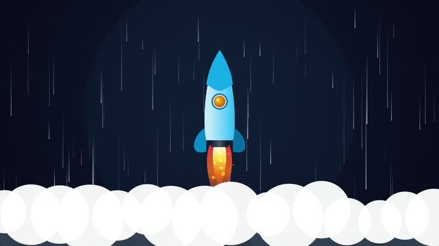 Animated blue rocket launching into space through clouds and rain