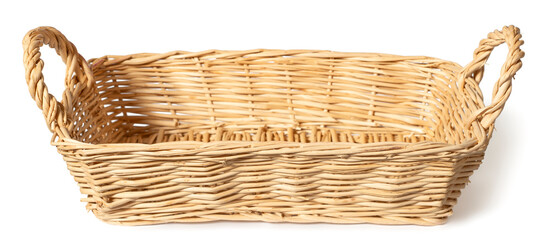 Wicker basket isolated on white background.