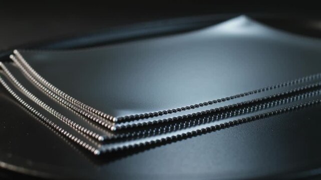 Lifting top sheet at right-front corner, three metallic sheets rippling to reveal beaded edges