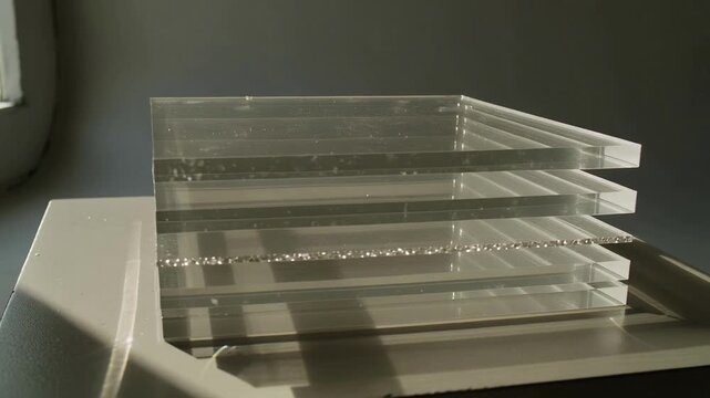 Shifting sunlight and viewpoint revealing 5-layer acrylic plates by window, showing metal tray