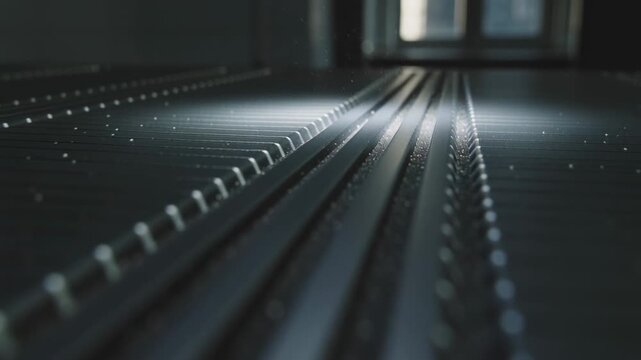 Sweeping low-angle camera moving along slotted platen in plant, revealing grooves and drifting dust