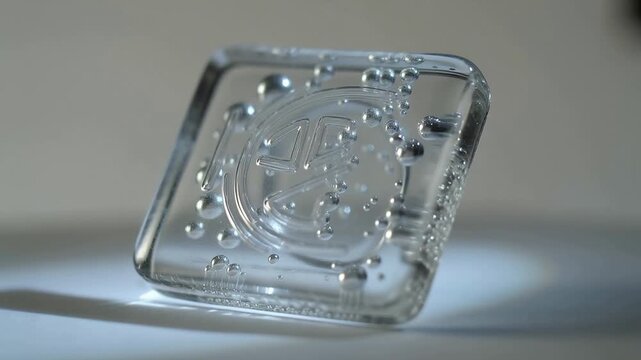 Rotating glass block tipping from edge, settling on studio table, spotlight showing emblem, bubbles