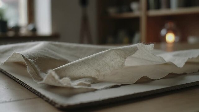 Lifting handmade paper stack rising drifting on wood table near window by soft draft