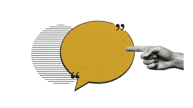 Yellow speech bubble with a pointing hand isolated on transparent background