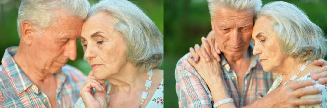 Senior couple holding hands and embracing outdoors