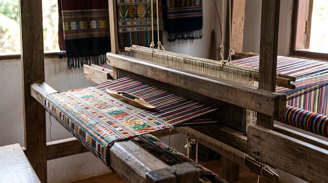 Traditional wooden handloom with colorful woven textile fabric and a shuttle in a local workshop, showcasing cultural heritage and traditional handicraft.