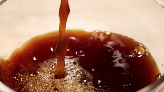 Slow motion pouring dark brown coffee or soda into clear glass bowl creating carbonated bubbles and fizz.