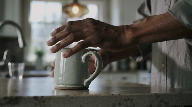 Rotating man in light shirt placing inverted ceramic mug on marble kitchen counter, steadying